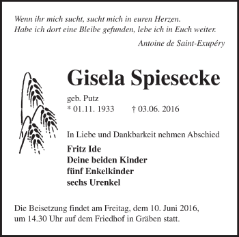 Traueranzeige von Gisela Spiesecke von Märkische Oderzeitung