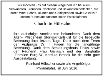 Traueranzeige von Charlotte Hübscher von Märkische Oderzeitung