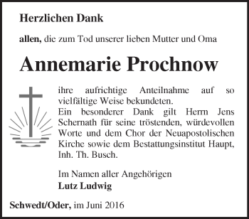 Traueranzeige von Annemarie Prochnow von Märkische Oderzeitung