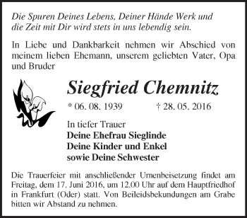 Traueranzeige von Siegfried Chemnitz von Märkische Oderzeitung