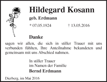 Traueranzeige von Hildegard Kosann von Märkische Oderzeitung