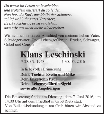 Traueranzeige von Klaus Leschinski von Märkische Oderzeitung