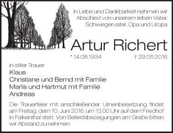 Traueranzeige von Artur Richert von Märkische Oderzeitung