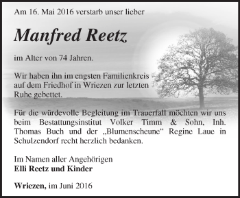 Traueranzeige von Manfred Reetz von Märkische Oderzeitung