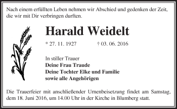 Traueranzeige von Harald Weidelt von Märkische Oderzeitung