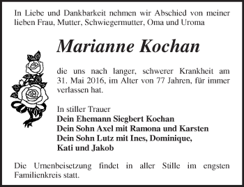 Traueranzeige von Marianne Kochan von Märkische Oderzeitung