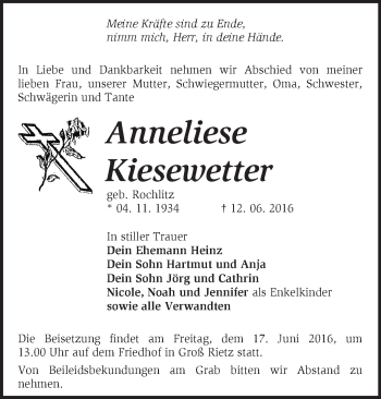 Traueranzeige von Anneliese Kiesewetter von Märkische Oderzeitung