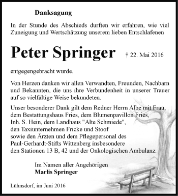 Traueranzeige von Peter Springer von Märkische Oderzeitung