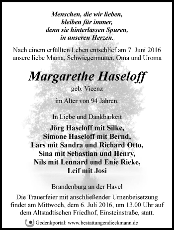 Traueranzeige von Margarethe Haseloff von Märkische Oderzeitung