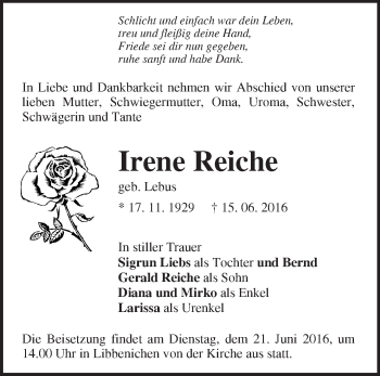 Traueranzeige von Irene Reiche von Märkische Oderzeitung