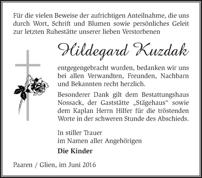  Traueranzeige für Hildegard Kuzdak vom 19.06.2016 aus Märkische Oderzeitung