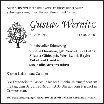 Traueranzeige von Gustav Wernitz von Märkische Oderzeitung