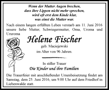 Traueranzeige von Helene Fischer von Märkische Oderzeitung