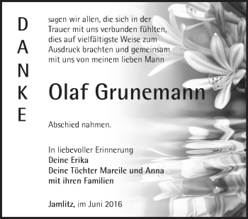 Traueranzeige von Olaf Grunemann von Märkische Oderzeitung