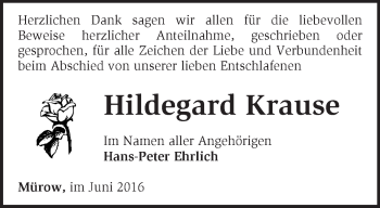 Traueranzeige von Hildegard Krause von Märkische Oderzeitung