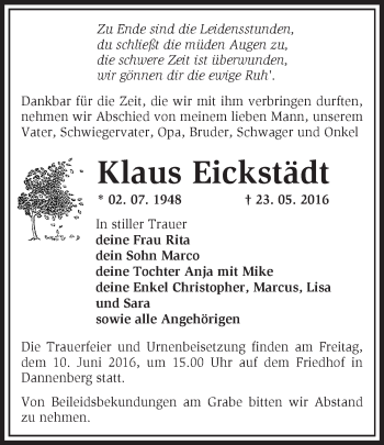 Traueranzeige von Klaus Eickstädt von Märkische Oderzeitung