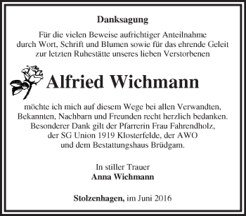 Traueranzeige von Alfried Wichmann von Märkische Oderzeitung