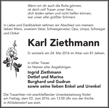 Traueranzeige von Karl Ziethmann von Märkische Oderzeitung