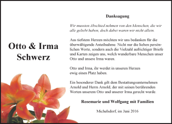 Traueranzeige von Otto und Irma  Schwerz von Märkische Oderzeitung