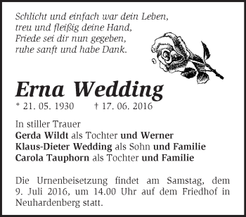 Traueranzeige von Erna Wedding von Märkische Oderzeitung