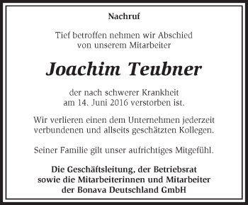 Traueranzeige von Joachim Teubner von Märkische Oderzeitung