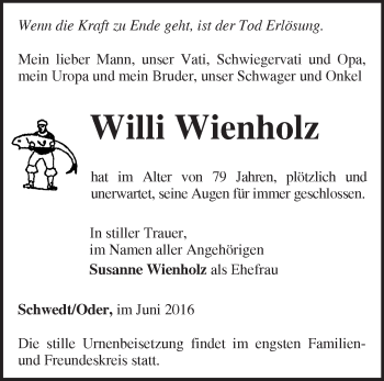 Traueranzeige von Willi Wienholz von Märkische Oderzeitung