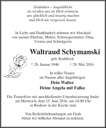 Traueranzeige von Waltraud Schymanski von Märkische Oderzeitung