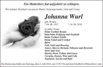 Traueranzeige von Johanna Wurl von Märkische Oderzeitung