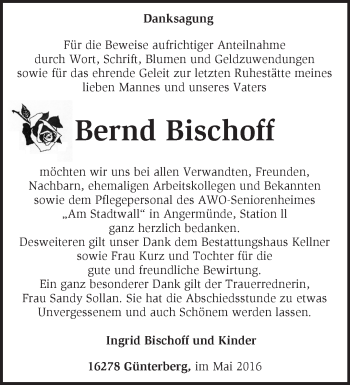 Traueranzeige von Bernd Bischoff von Märkische Oderzeitung