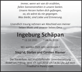 Traueranzeige von Ingeburg Schäpan von Märkische Oderzeitung