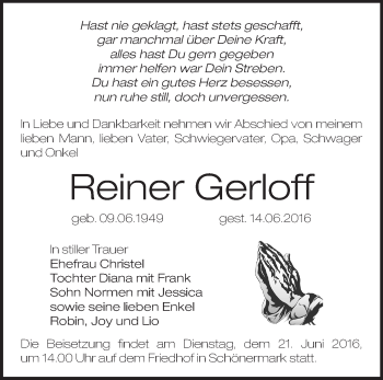 Traueranzeige von Reiner Gerloff von Märkische Oderzeitung