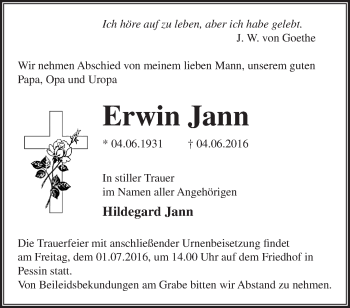 Traueranzeige von Erwin Jann von Märkische Oderzeitung