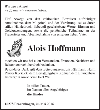 Traueranzeige von Alois Hoffmann von Märkische Oderzeitung