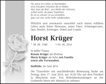 Traueranzeige von Horst Krüger von Märkische Oderzeitung