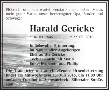 Traueranzeige von Harald Gericke von Märkische Oderzeitung