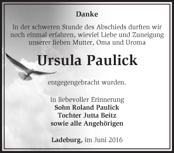 Traueranzeige von Ursula Paulick von Märkische Oderzeitung