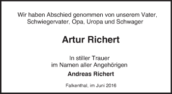 Traueranzeige von Artur Richert von Märkische Oderzeitung