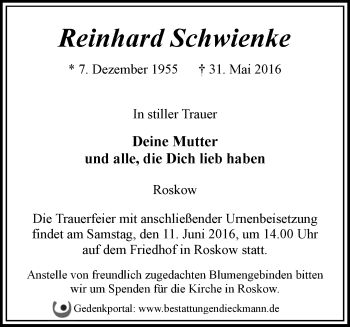 Traueranzeige von Reinhard Schwienke von Märkische Oderzeitung