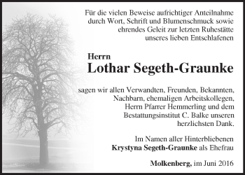 Traueranzeige von Lothar Segeth-Graunke von Märkische Oderzeitung