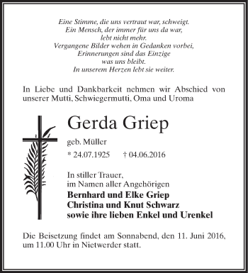 Traueranzeige von Gerda Griep von Märkische Oderzeitung