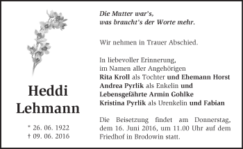 Traueranzeige von Heddi Lehmann von Märkische Oderzeitung