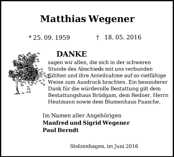 Traueranzeige von Matthias Wegener von Märkische Oderzeitung