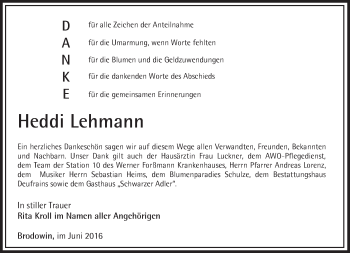 Traueranzeige von Heddi Lehmann von Märkische Oderzeitung