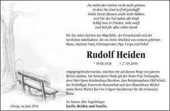 Traueranzeige von Rudolf Heiden von Märkische Oderzeitung