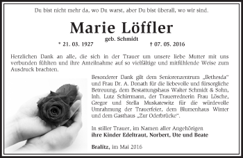 Traueranzeige von Marie Löffler von Märkische Oderzeitung