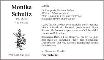 Traueranzeige von Monika Schultz von Märkische Oderzeitung