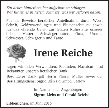 Traueranzeige von Irene Reiche von Märkische Oderzeitung