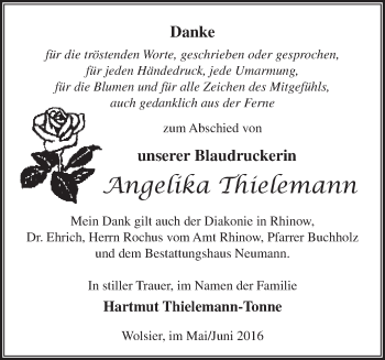 Traueranzeige von Angelika Thielemann von Märkische Oderzeitung