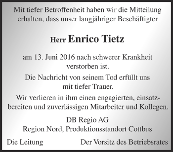 Traueranzeige von Enrico Tietz von Märkische Oderzeitung