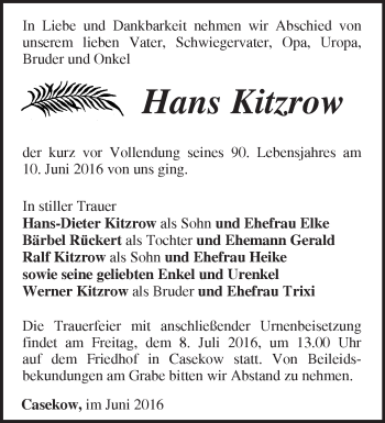 Traueranzeige von Hans Kitzrow von Märkische Oderzeitung